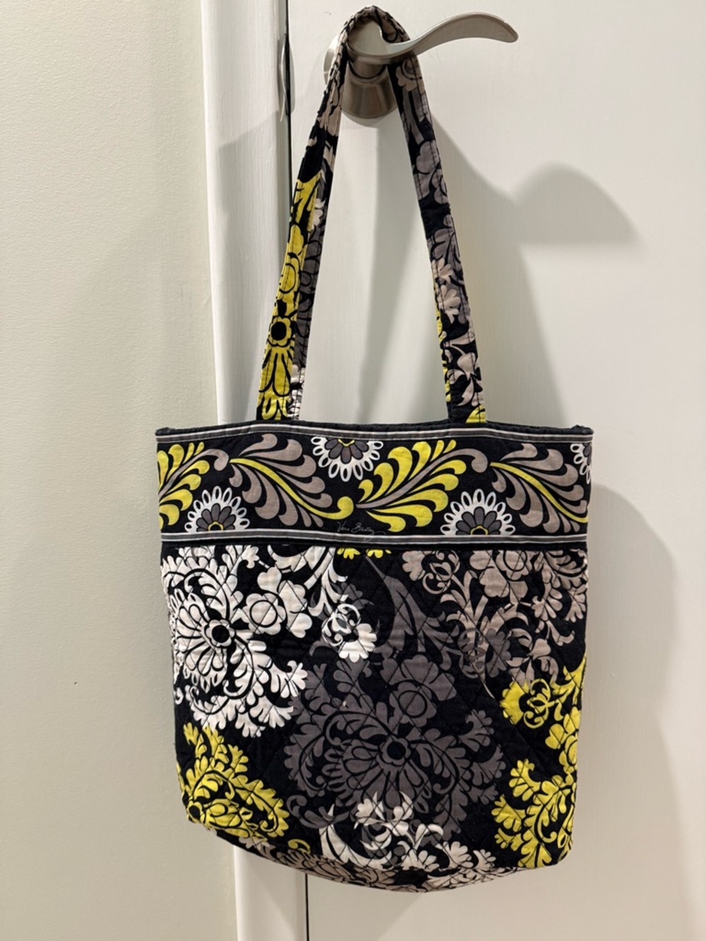 Quilted Floral Tote Bag in Black, Gray & Yellow